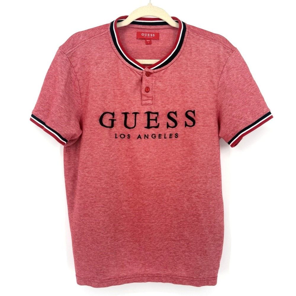Guess Los‎ Angeles Henley Neck T Shirt Men's L Red Short Sleeve Embroidered Logo
